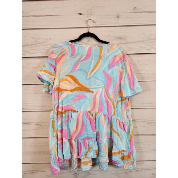 Terra & Sky Women's Multicolor Abstract Print Short Sleeve Tiered Blouse Size 1X - Picture 2 of 6